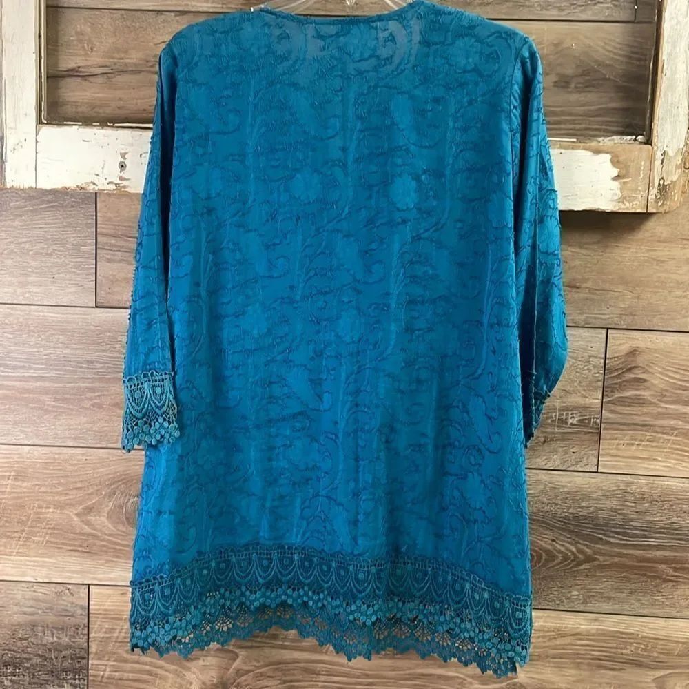 KRAZY KAT Womens Peasant Style Crocheted Lace Cotton Blouse Size Large Teal Blue - Picture 5 of 9